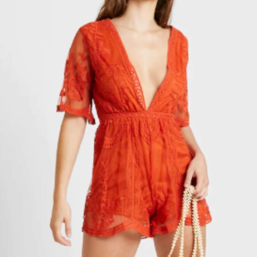 Honey Punch Embroidered Lace Romper, Rust